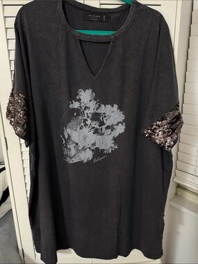 Religion - Black Graphic Tunic Tee with Sequin Sleeve Cuffs